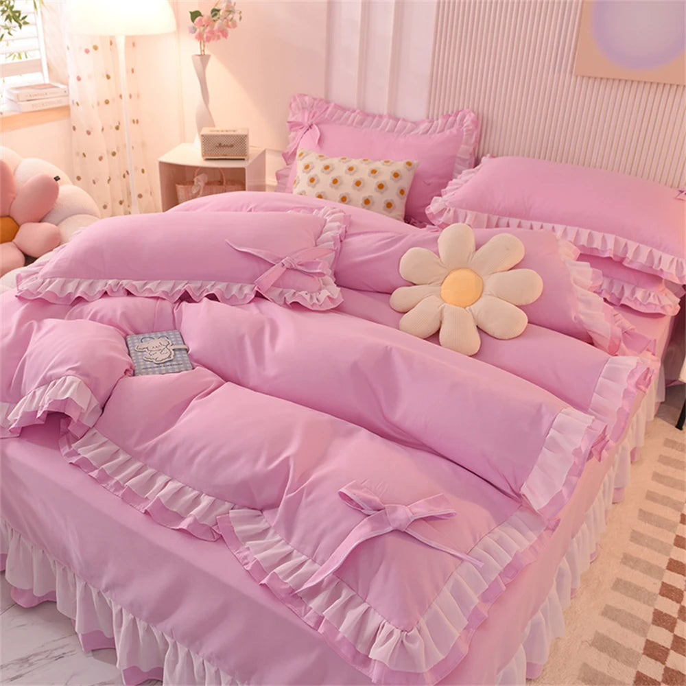 Obbty Purple Bedding Sets Kawaii Seersucker Bed Sheet Pillowcase Fashion Girls Princess Duvet Cover Set 4 Pieces Cute Home Decoration