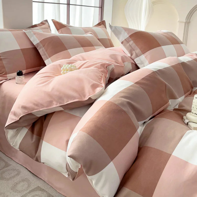 Obbty Simple Color Plaid Duvet Cover Set Breathable Skin Friendly Zipper Quilt Cover Japanese Style Home Bedding Set Machine Washable