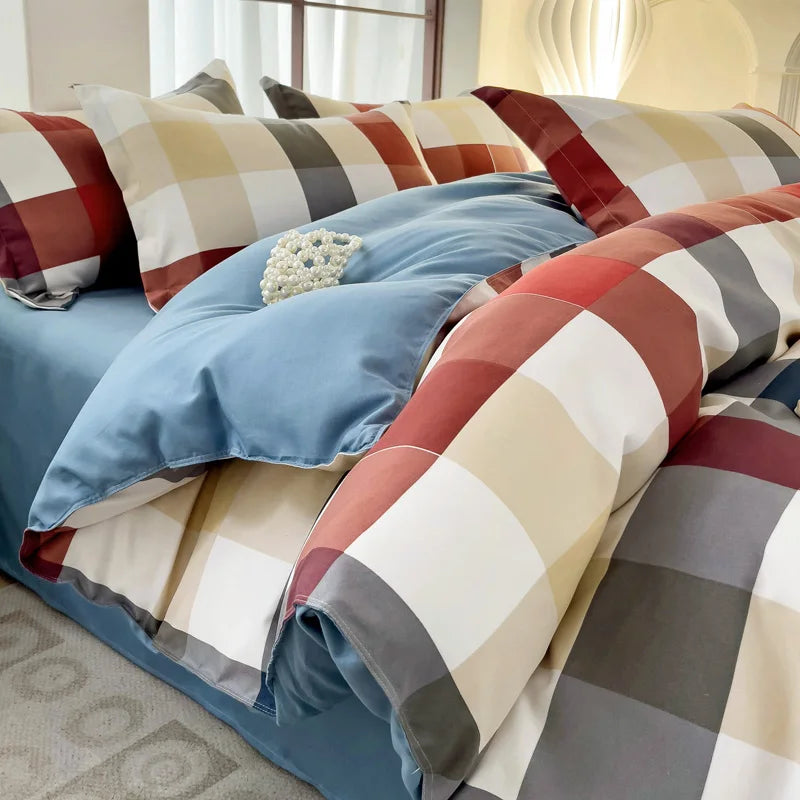 Obbty Simple Color Plaid Duvet Cover Set Breathable Skin Friendly Zipper Quilt Cover Japanese Style Home Bedding Set Machine Washable