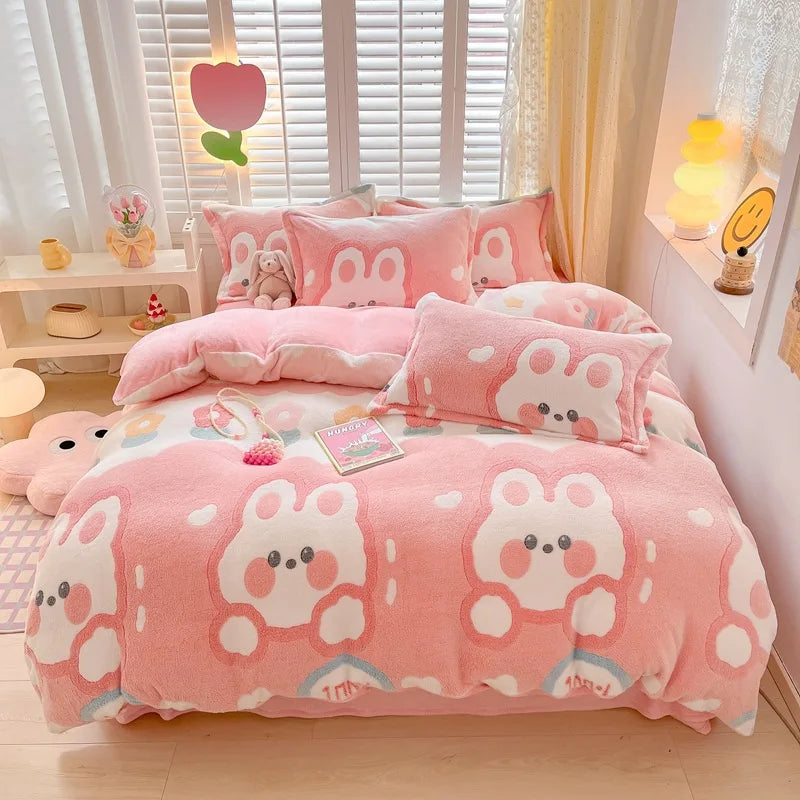 Obbty Winter Thick Warm Plush Comforter Cover Queen Bedding Sets Cartoon Quilt Cover Bed Sheet Pillowcase 4pcs Luxury Bed Linens