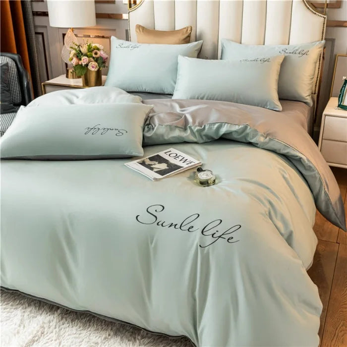 Obbty High End Skin Friendly Bedding Set Queen Luxury Embroidery Duvet Cover Set with Flat Sheet Simple Durable King Size Bedding Sets