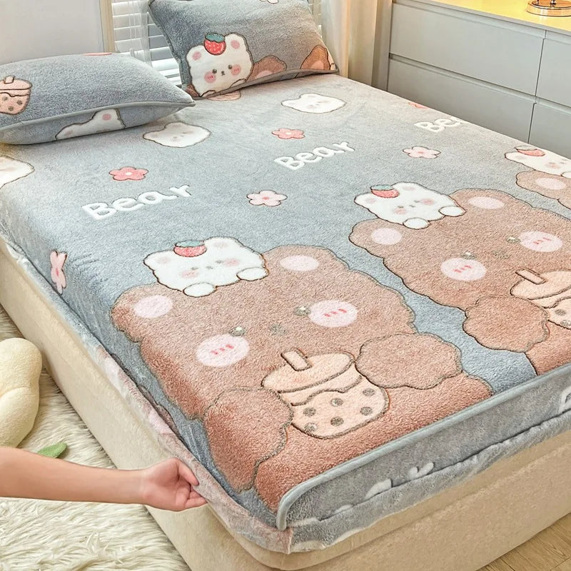 Obbty Winter Thicken Warm Coral Velvet Bed Sheet Sets Cartoon Double Bedspread Non-slip Mattress Cover Fitted Sheet with 2 Pillowcases