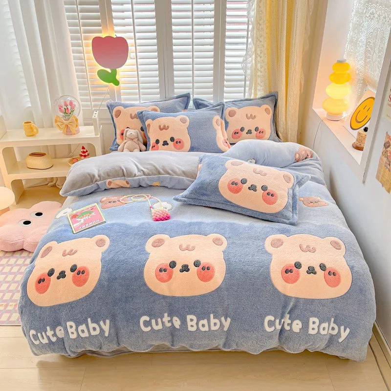 Obbty Winter Thick Warm Plush Comforter Cover Queen Bedding Sets Cartoon Quilt Cover Bed Sheet Pillowcase 4pcs Luxury Bed Linens