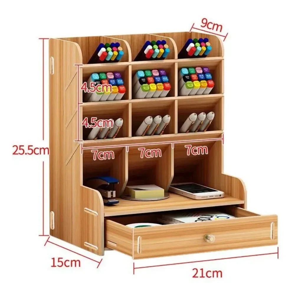 Obbty Wooden Desk Organize Ashionable Multi Grid Pen Holder Multi Functional Desktop Stationery Pen Rack For Office Desk Organizer