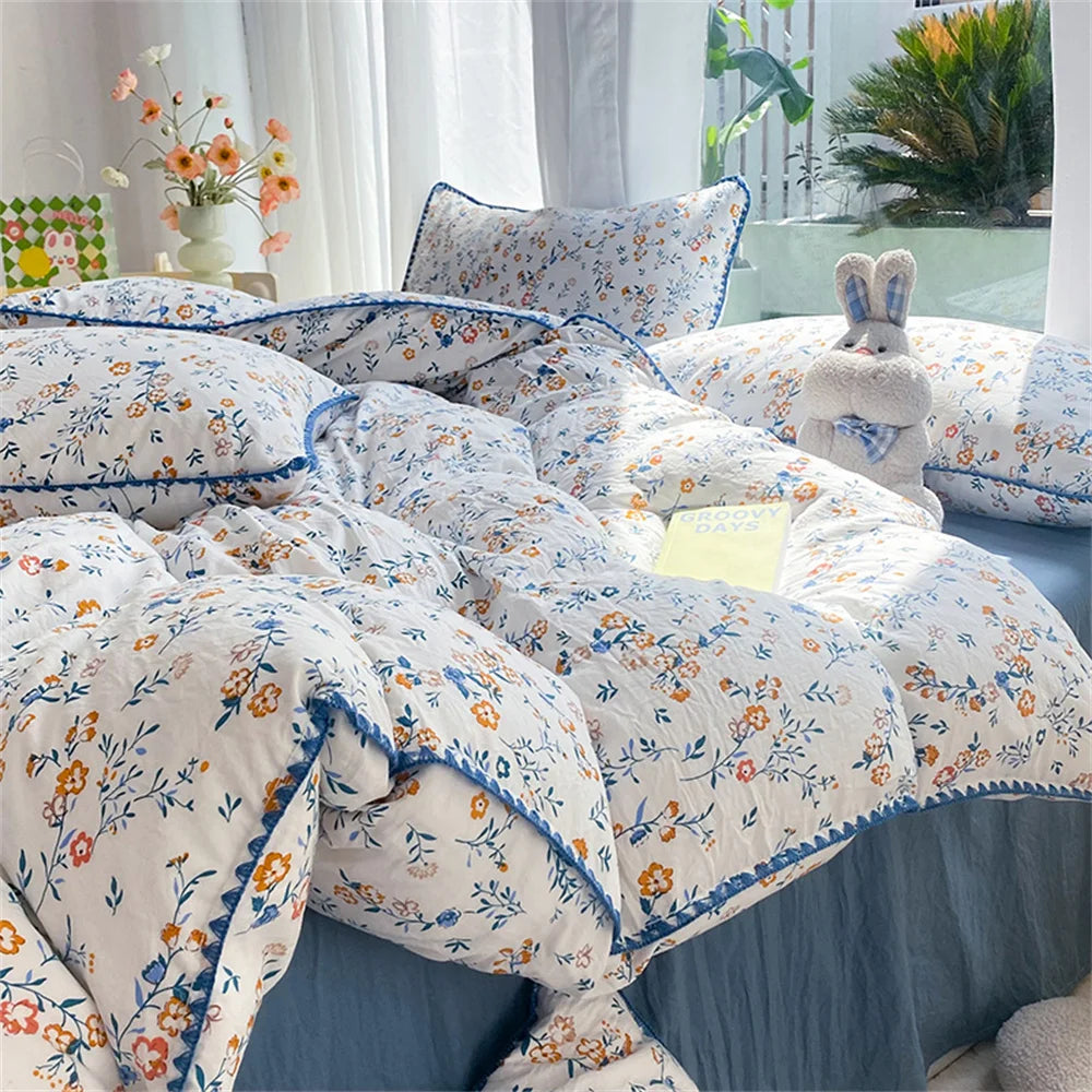 Obbty French Style Flower Bedding Sets Washed Cotton Bed Linens Soft Quilt Cover Sheet Couple Girls Floral Bedspread Home Textiles