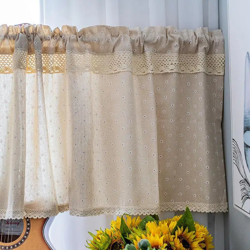 Obbty Korean Daisy Linen Flowers Short Curtains for Kitchen Linen Lace Half Curtain for Roman Window Door