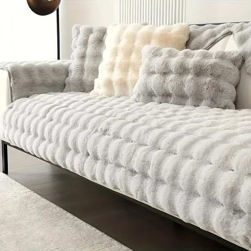 Obbty Thicken Imitation Rabbit Fur Plush Sofa Slipcover Non-slip  Soft Sofa Towel Couch Cushion for Living Room Modern Home Decor