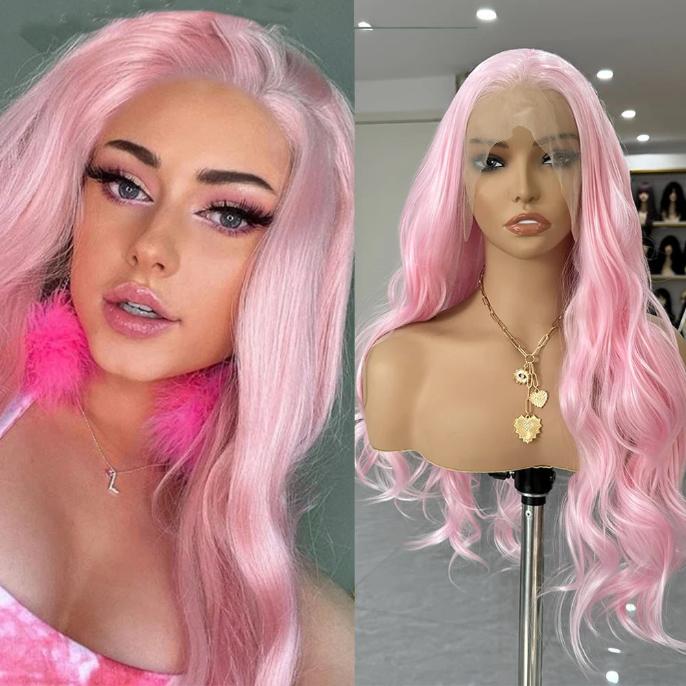 Obbty Light Pink Wave Lace Hair Synthetic Frontal Lace Wig for Women Long Body Wave Pastel Pink Lace Wig Color Hair Cosplay Daily Wear