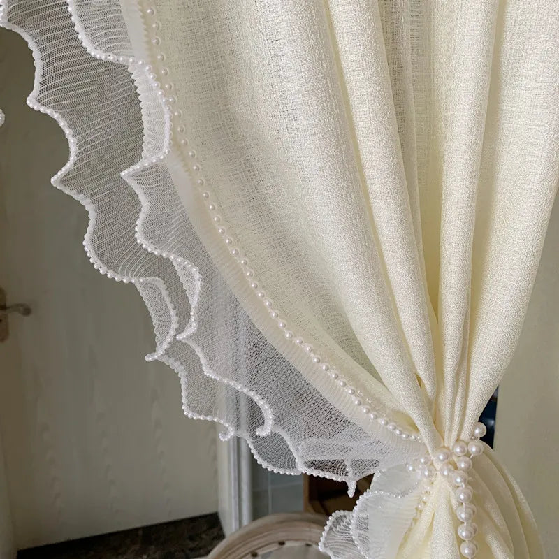 Korean Double Lace With Pearls Tulle Curtains For Bedroom Girl Room French Dream Light Yellow Short Sheer Voile For Door Kitchen