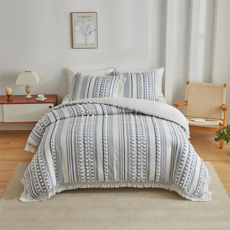 Obbty New Furball Queen Duvet Cover Set High-end Striped Cut Flowers Bedding Set King Size with Tassels Quilt Cover and Pillowcases