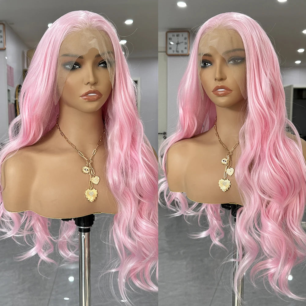 Obbty Light Pink Wave Lace Hair Synthetic Frontal Lace Wig for Women Long Body Wave Pastel Pink Lace Wig Color Hair Cosplay Daily Wear