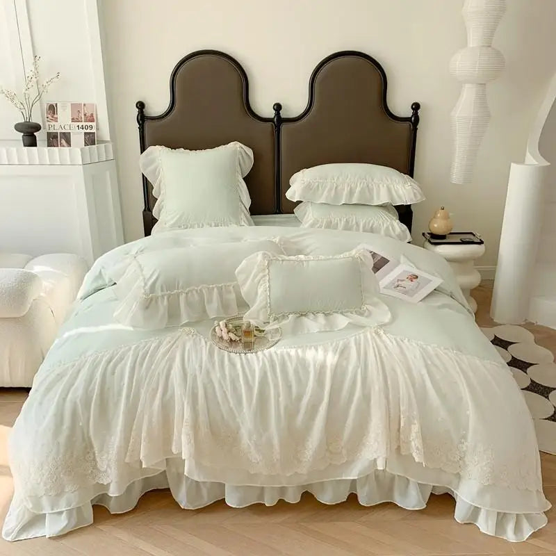 Obbty Wide Chiffon Lace Sweet Princess Style Duvet Cover+2Pillowcases Double Queen Bedding Set 3Pcs Breathable Soft for Girls Bedroom