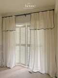 Obbty French Black Edges Screen Curtains with Valance Janpanese Simple White Linen Gauze Curtains for Living Room Bedroom Soft Fabrics