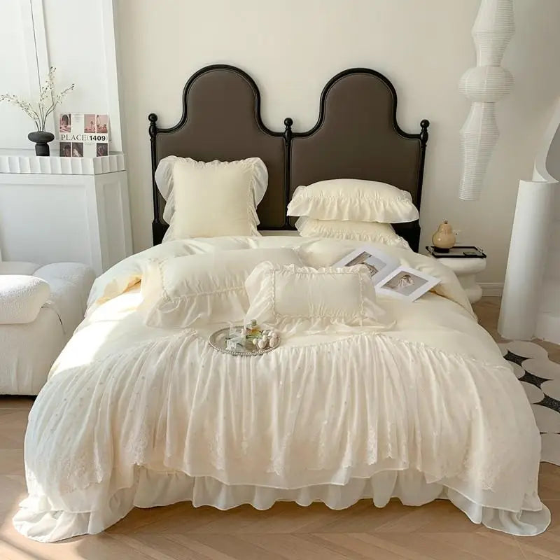 Obbty Wide Chiffon Lace Sweet Princess Style Duvet Cover+2Pillowcases Double Queen Bedding Set 3Pcs Breathable Soft for Girls Bedroom