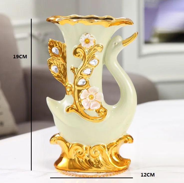 Obbty European style Ceramic Gold Vase Arrangement Dining Table Home Decoration Accessories Creative Golden Swan Vases