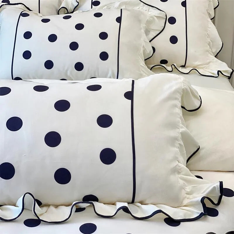 Obbty Washed Cotton White And Black Dots Bedding Set Ruffle Duvet cover Bed Sheet Set Pillowcases Double Queen King 4Pcs