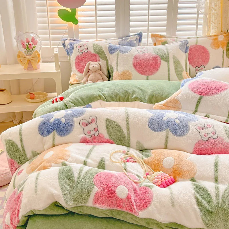 Obbty Winter Thick Warm Plush Comforter Cover Queen Bedding Sets Cartoon Quilt Cover Bed Sheet Pillowcase 4pcs Luxury Bed Linens