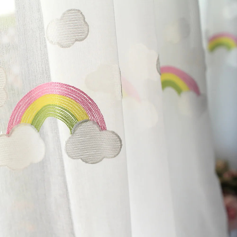 Obbty Children's Rainbow Voile Half-Transparent Embroidered Curtains,Modern Simple Decorative Curtain(White)