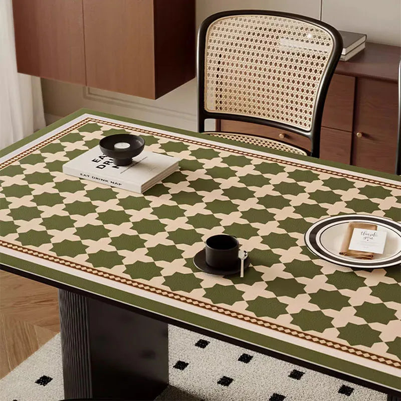 Obbty Retro Green Plaid Dining Table Mat Leather PVC Waterproof Oil-proof Tablecloth Kitchen Tabletop Protective Pad Decoration Home