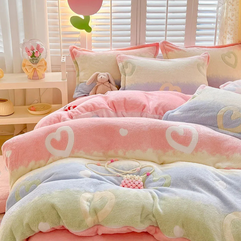 Obbty Winter Thick Warm Plush Comforter Cover Queen Bedding Sets Cartoon Quilt Cover Bed Sheet Pillowcase 4pcs Luxury Bed Linens