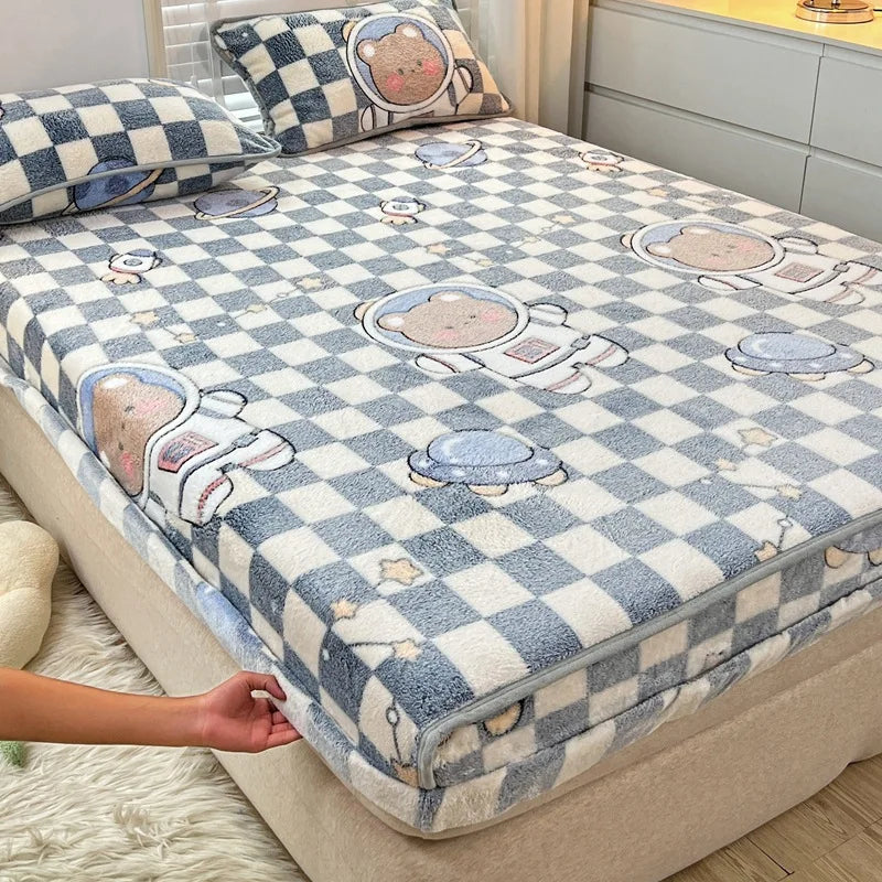 Obbty Winter Thicken Warm Coral Velvet Bed Sheet Sets Cartoon Double Bedspread Non-slip Mattress Cover Fitted Sheet with 2 Pillowcases