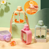 Obbty 700Ml Water Bottle Cute Square Flat Water Bottle Bpa Free with Straw and Strap Summer Sippy Plastic Cup Leak Proof Large Capacit