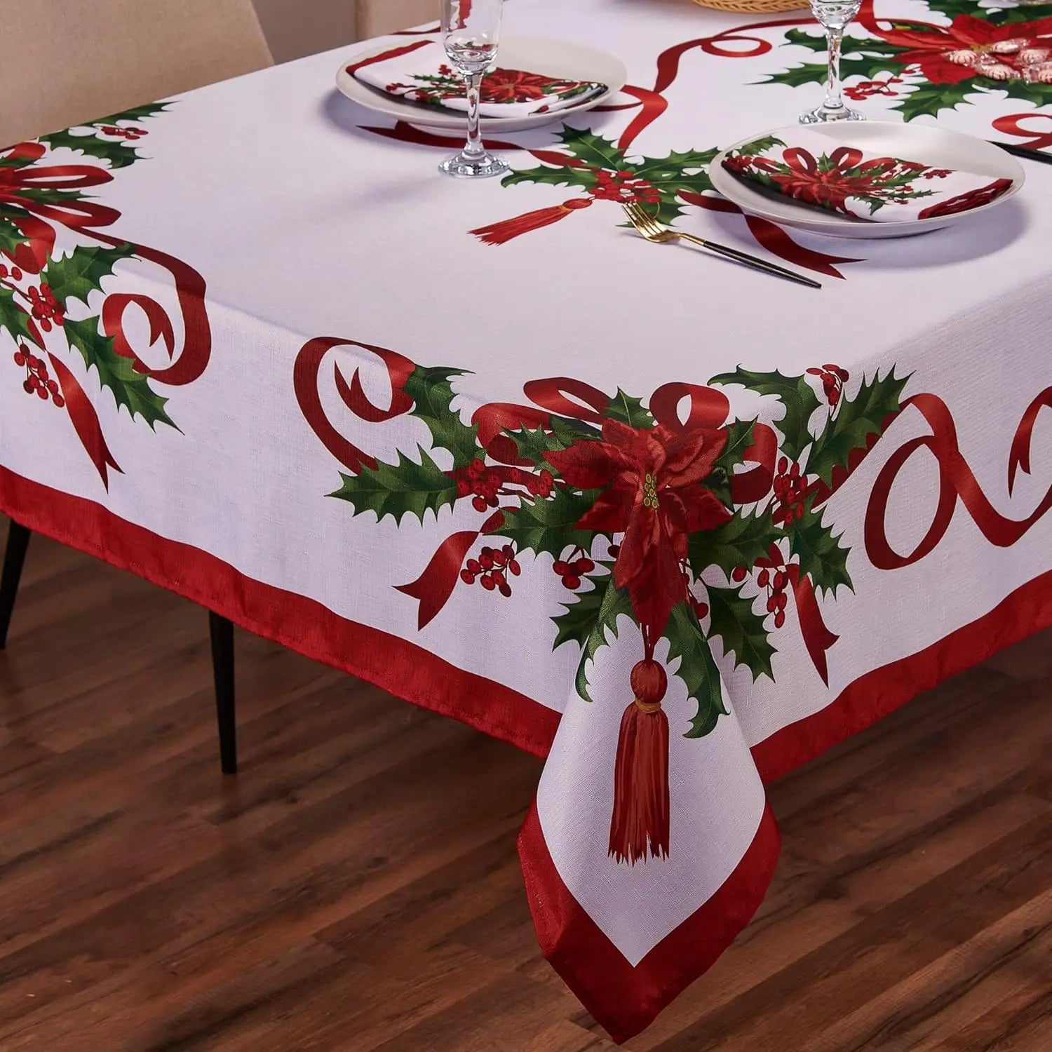 Obbty Christmas Ribbon Tablecloth Merry Xmas Table Cloth Harvest Holiday Fall Wedding Party Table Dinning Tablecover Home Decoration