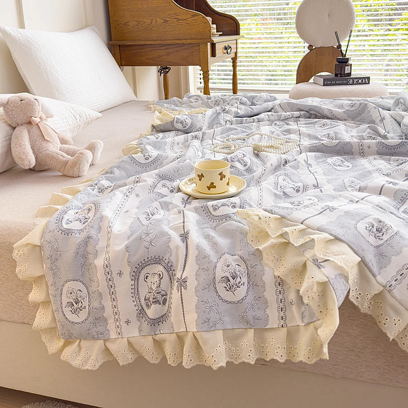 Obbty Pure Cotton Lace Summer Air Conditioning Quilt Cartoon Bear Plant Style Thin Blanket Adult Girl Teenager Comfortable Soft Quilt