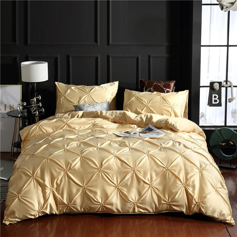 Obbty Luxury Rayon Pinch Pleated King Size Bedding Set Satin High-end Duvet Cover Set Double Bed Quilt Cover with Pillowcase No Sheets