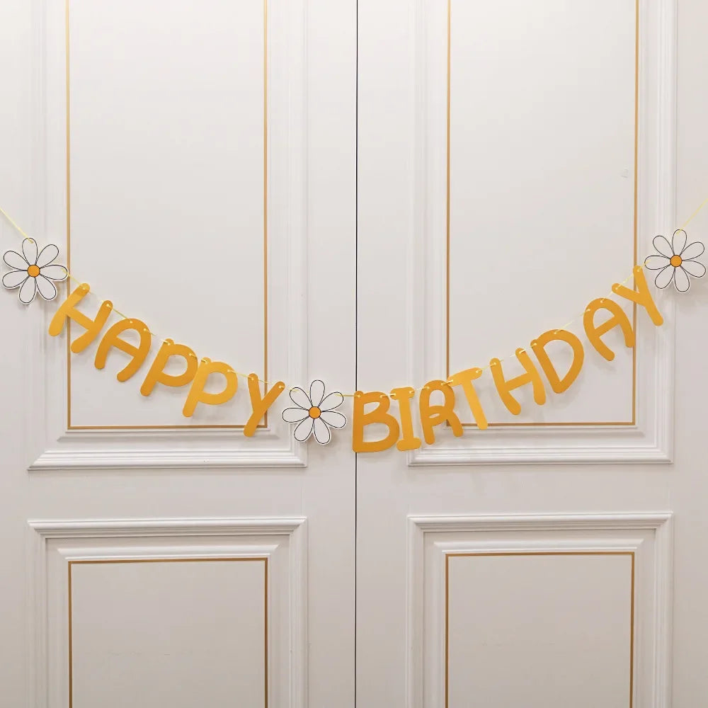 Obbty Happy Birthday Party Decoration Banner White Flower Garland Flag Birthday Party Decor Decorated Scene Bunting Supplies