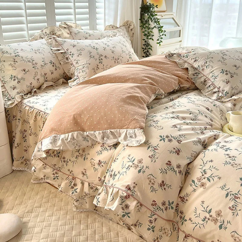 Obbty Lace Duvet Cover Single Style Floral Bedding Set Cotton Comforter Green Double Korean Quilt Cover Ruffle Flower