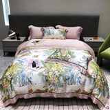 Obbty 600TC Natural Eucalyptus Lyocell Soft Silky Cool Bedding Set Flowers Pattern Duvet Cover Set With Flat/Fitted Sheet 2Pillowcases