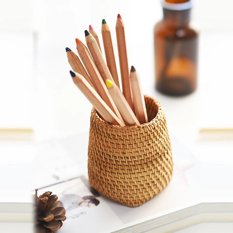 Obbty Handmade Pen Holder Woven Wood Vine Rattan Stationery Container Storage Box Organizer Students Gifts Office School Desk Supplies