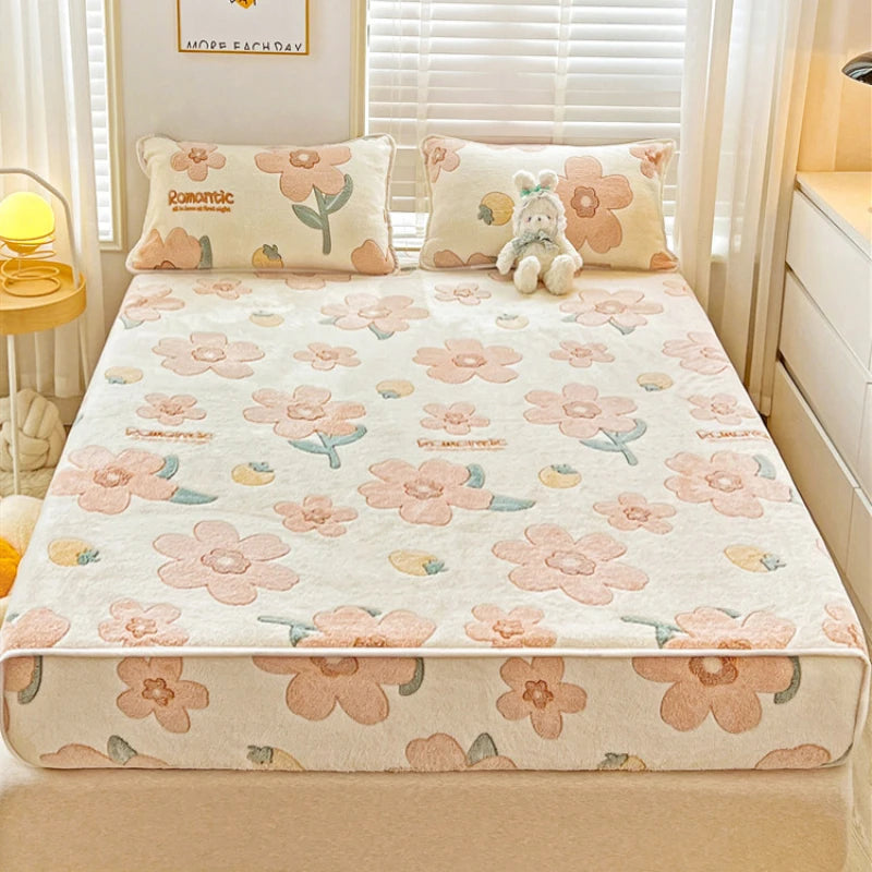 Obbty Winter Thicken Warm Coral Velvet Bed Sheet Sets Cartoon Double Bedspread Non-slip Mattress Cover Fitted Sheet with 2 Pillowcases