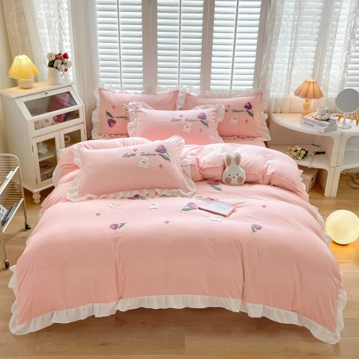 Obbty Floral Cartoon Rabbit Bedding Set Embroidery Duvet Cover Queen Twin Full Size Kawaii Comforter Covers with Pillowcases for Girls