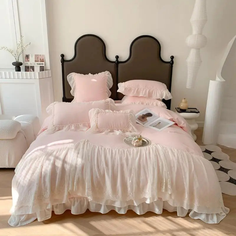 Obbty Wide Chiffon Lace Sweet Princess Style Duvet Cover+2Pillowcases Double Queen Bedding Set 3Pcs Breathable Soft for Girls Bedroom