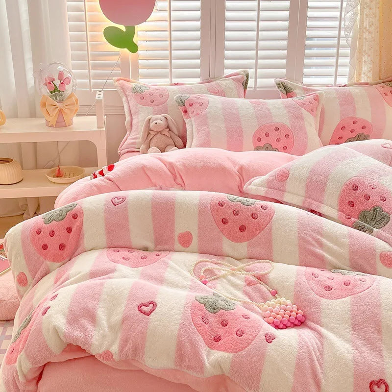 Obbty Winter Thick Warm Plush Comforter Cover Queen Bedding Sets Cartoon Quilt Cover Bed Sheet Pillowcase 4pcs Luxury Bed Linens