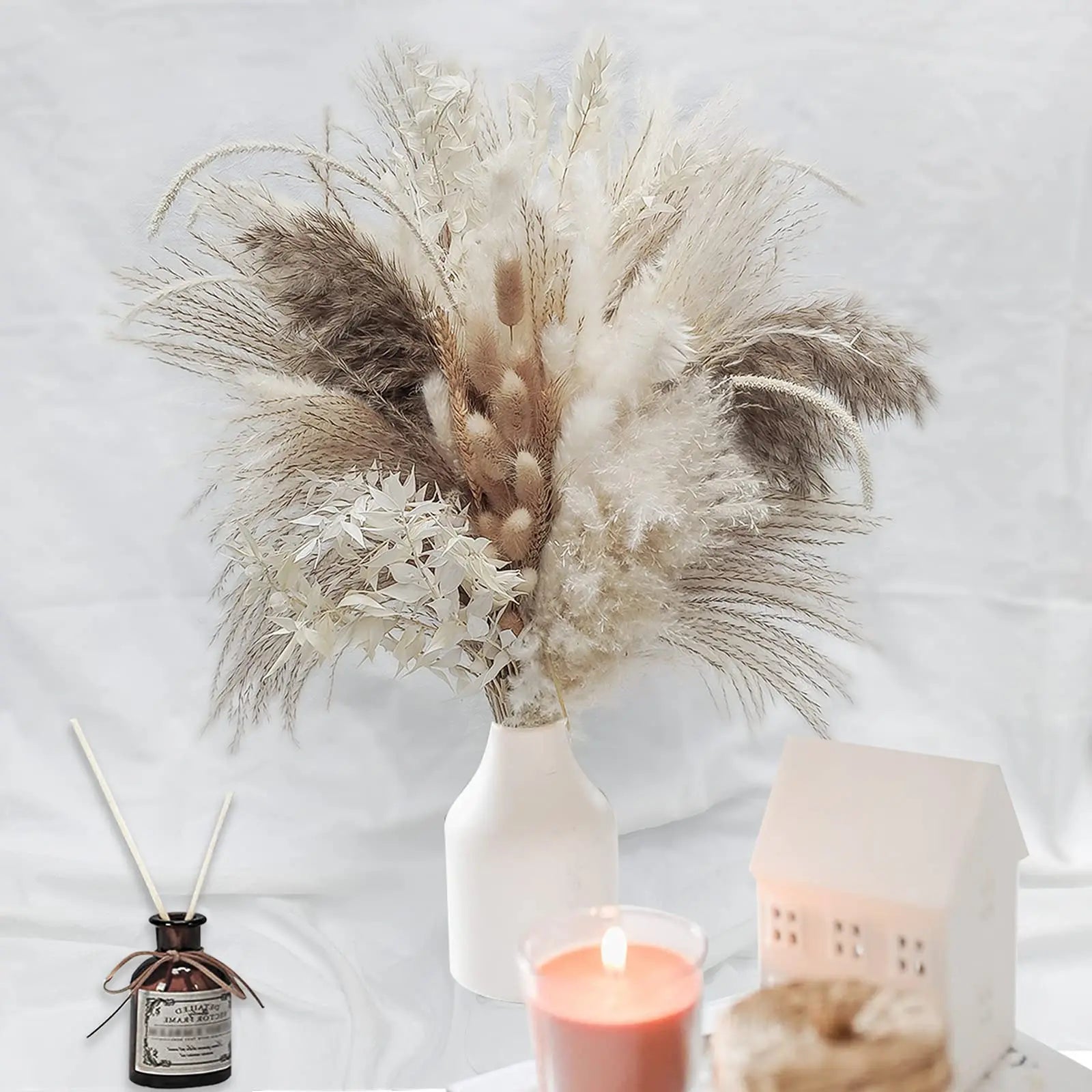 Obbty 80pcs Pampas Grass Flowers Set,Dried Plants Bouquet Arrangement,100% Natural Dry Flowers Boho Decoration,Living Room Vases Decor