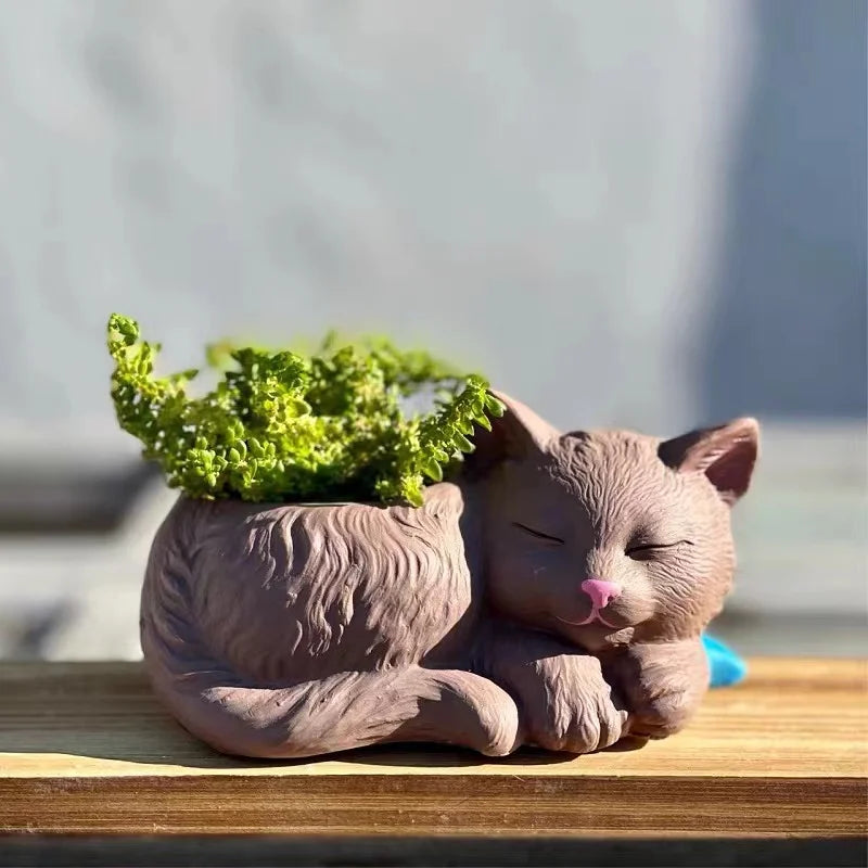 Obbty Cute Kitten Fleshy Plant Flower Pot Silicone Mold Cat Succulent Plant Flowerpot Concrete Silica Gel Mold Home Decor Gypsum Mould