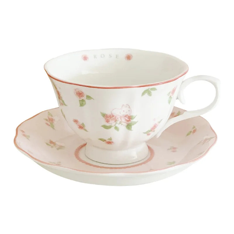 Obbty French Pink Rabbit Print Vintage Coffee Cup and Saucer Set Ceramic Cup Cute Girls' Afternoon Tea Dim & Saucer