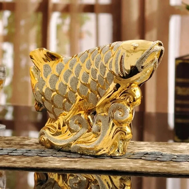 Obbty European Wedding Decor Crafts Ceramic Creative Room Decoration Handicraft Gold Arowana Porcelain Figurines Feng Shui Decorations