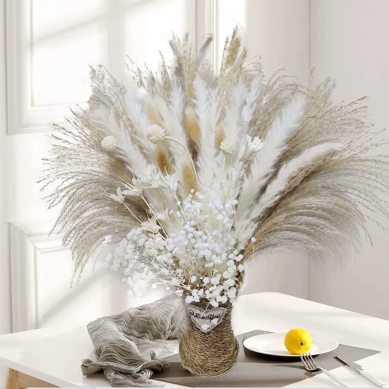 Obbty 80pcs Pampas Grass Flowers Set,Dried Plants Bouquet Arrangement,100% Natural Dry Flowers Boho Decoration,Living Room Vases Decor