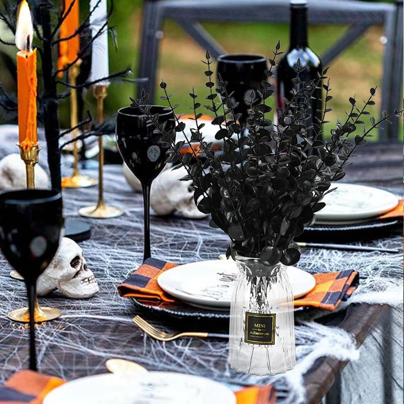 Obbty 10/20Pcs Black Artificial Eucalyptus Branch Stems Faux Halloween Flowers Real Touch Leaves Plant Centerpiece Home Decoration