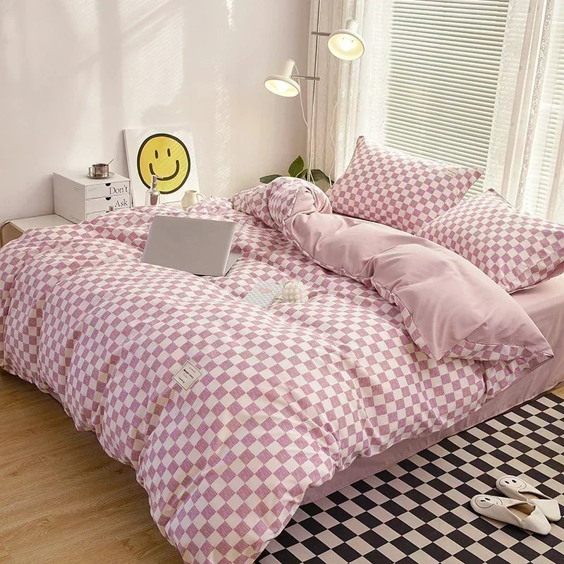 Obbty Japan Style Plaid Queen Size Duvet Cover Set with Sheets High Quality Skin Friendly Bedding Set King Single Double Bedding Sets