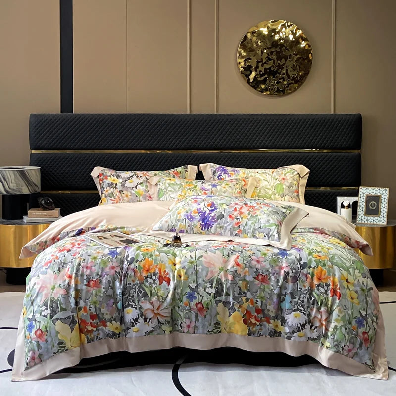 Obbty Floral Print 600TC Egyptian Cotton Bedding Queen King Comforter Cover Soft Duvet Cover Set Flat/Fitted Bed Sheet Pillowcases