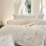 Obbty Pure White Minimalist Style Duvet Cover Set, Elegant Wildflower Embroidered Pretty Botanical Quality Fabric 4Pcs Bedding Set