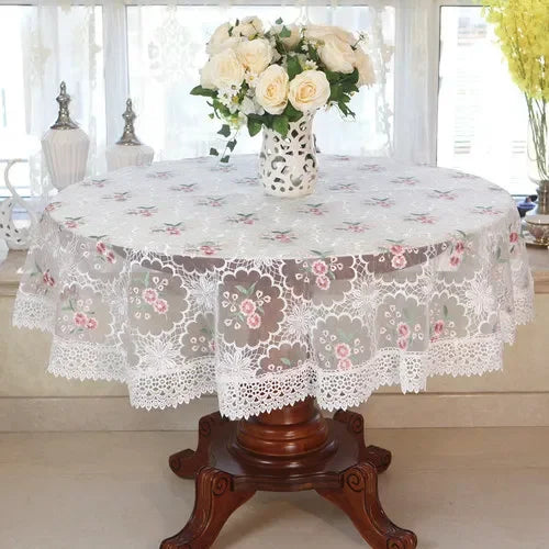 Obbty New Lace Tablecloth Pastoral Round Tablecloth Dining Table Cloths Home Embroidery Table Cover Rose Gold Decoration House Towel