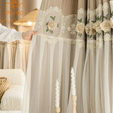 Obbty French Lace Double-layer Milk Tea Embroidered Yarn Splicing Curtains for Living Room Bedroom French Window Customized Products