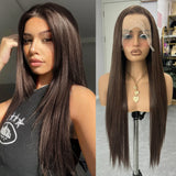 Obbty Mix Brown Wig Long Straight Synthetic Lace Wig Silky Straight Lace Hair Dark Brown Frontal Lace Wigs For Women Daily Wear Party