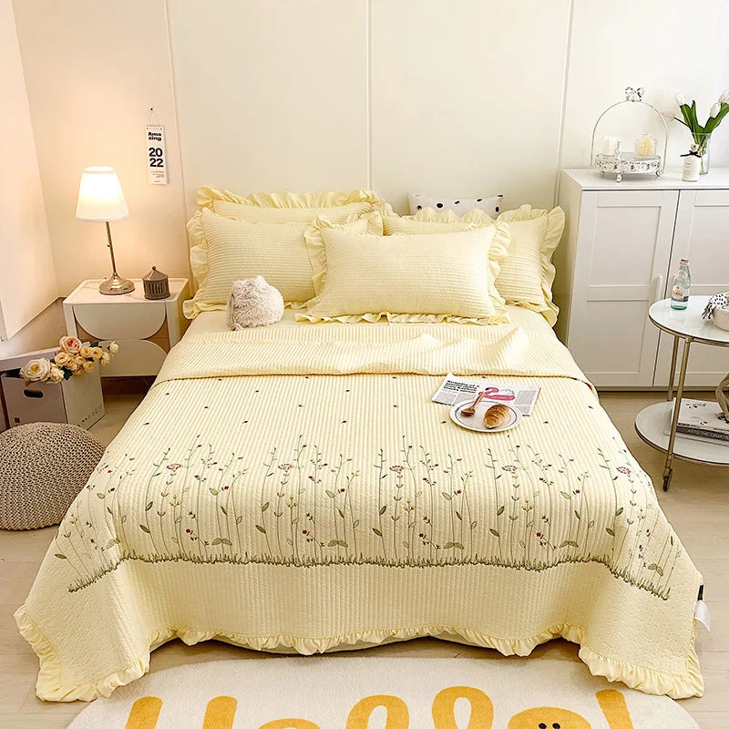 Obbty Ruffles Flowers Embroidery Summer Quilt 1/3/4 Pcs Set Princess Quilted Bedspread Air-conditioning Blanket Comforter Bedding Set